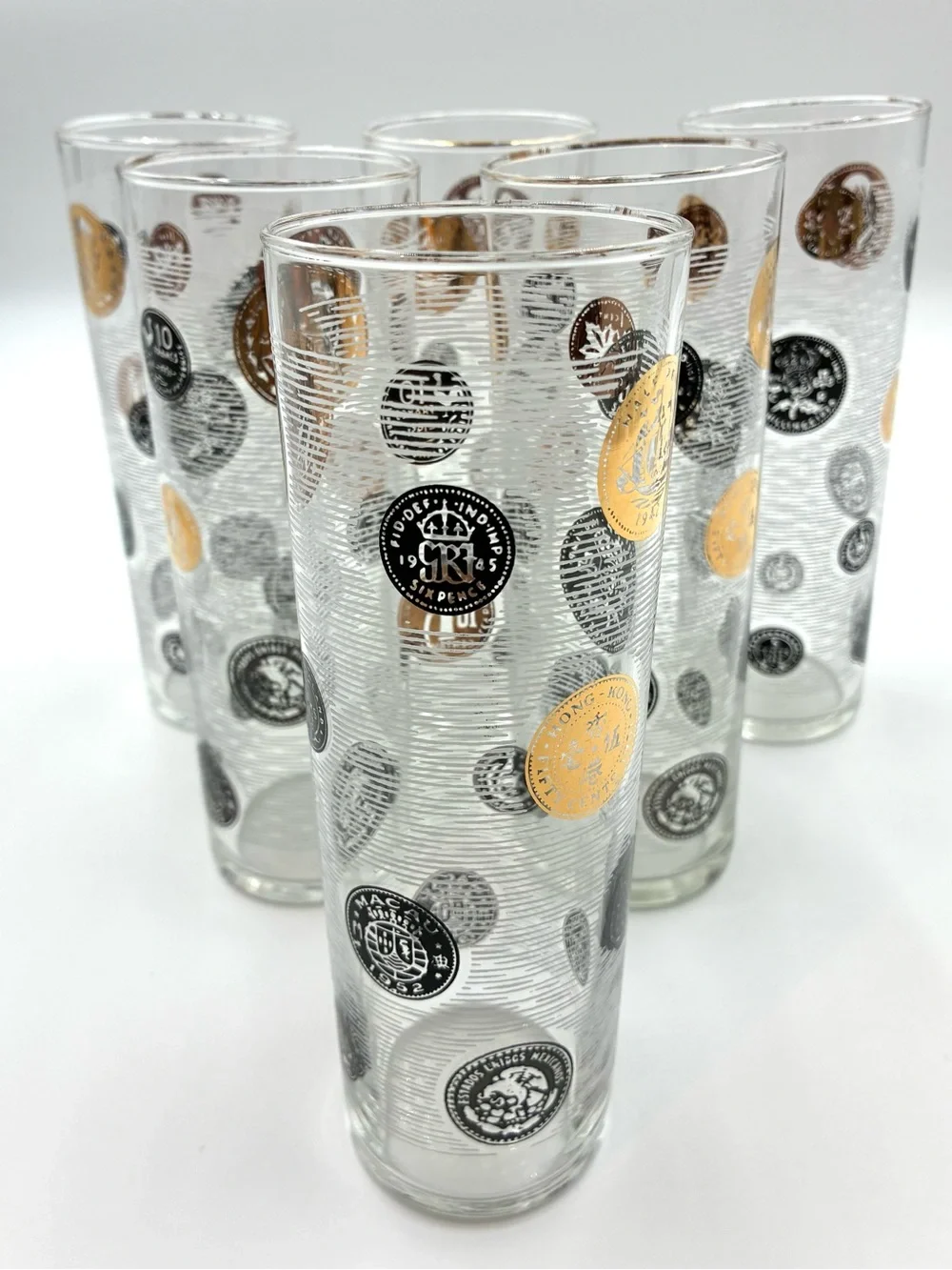 VTG Libbey Tom Collins Glasses Set of 6 International Coins Black Gold MCM 7